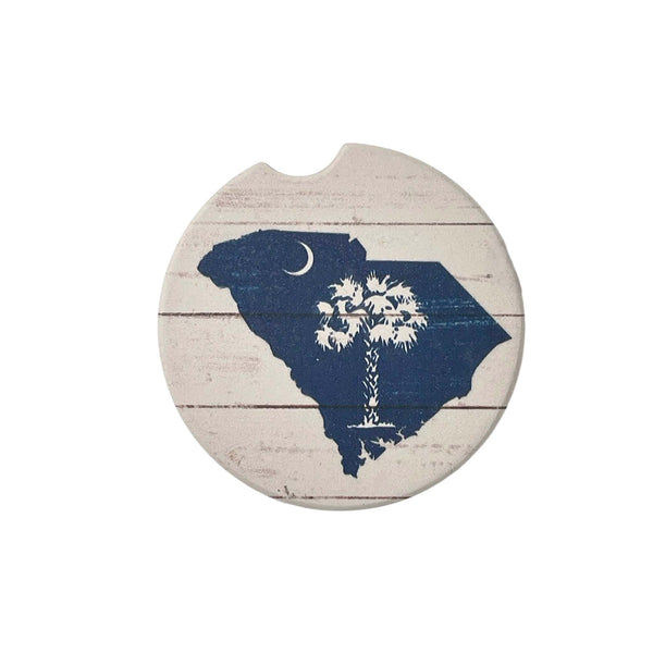 Car coaster with South Carolina state design on a white background