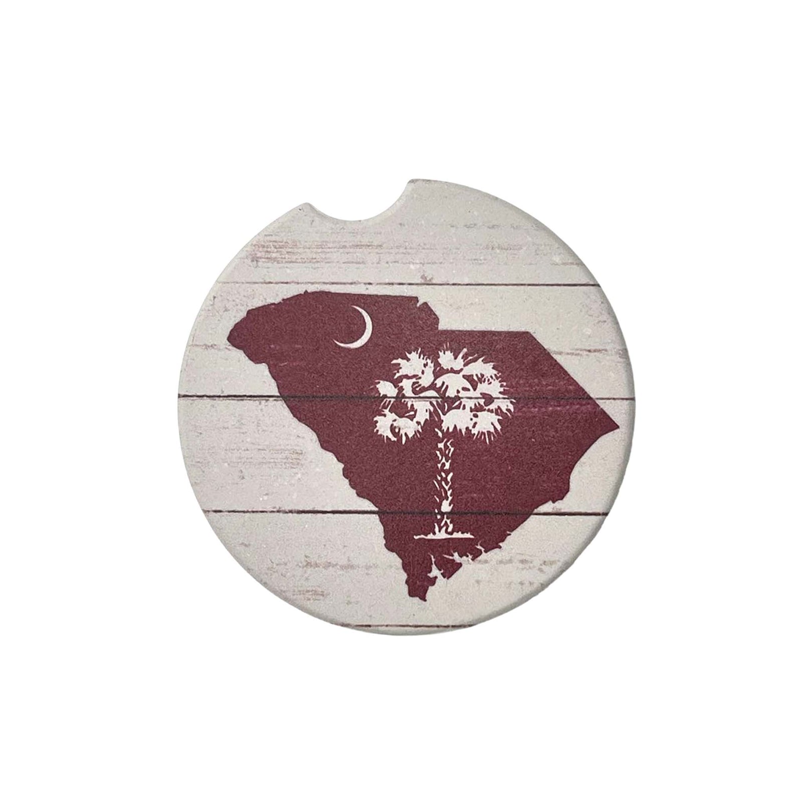 Car coaster with South Carolina map and palmetto tree design on a white background