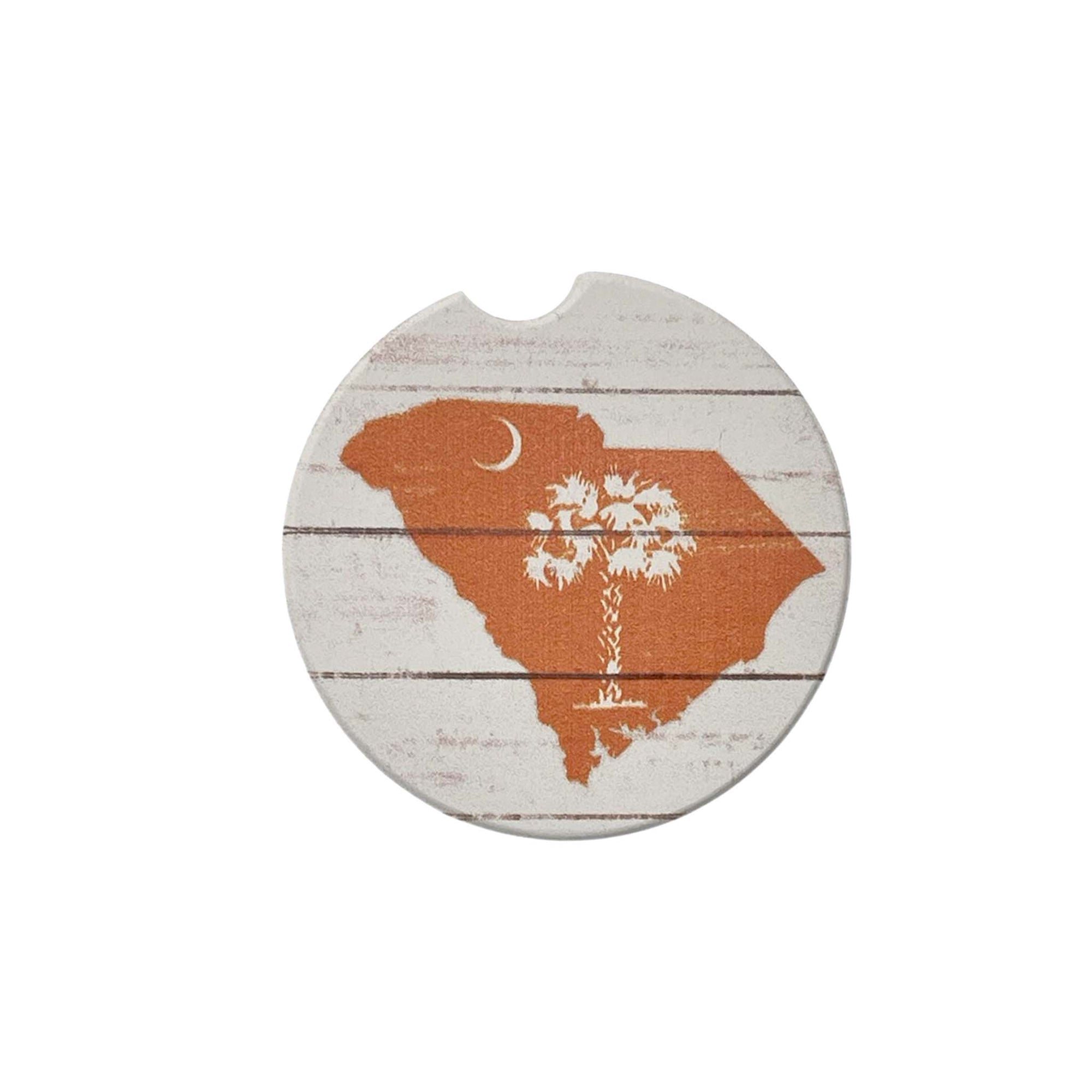 Car coaster with South Carolina outline and floral design on a white background
