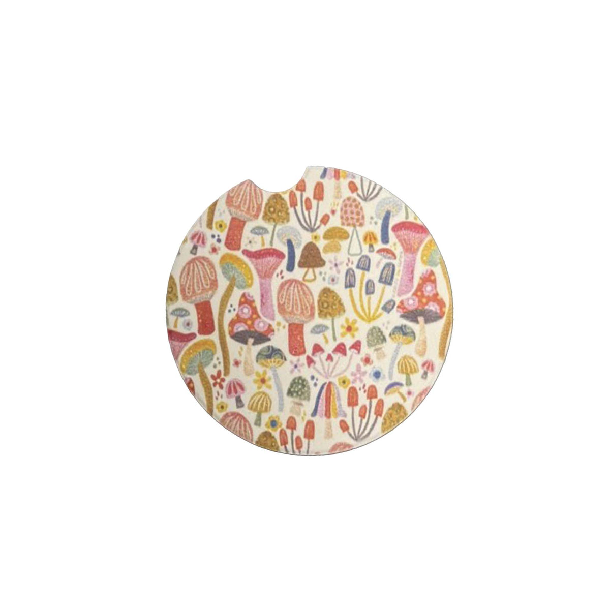 beige colored car cupholder coaster with colorful graphic retro mushrooms all over.