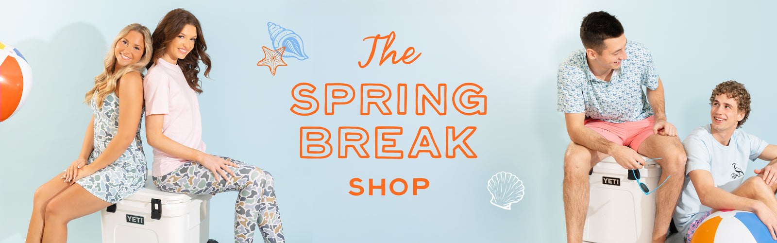 Spring Break Shop hero banner featuring two women and two men in pastel spring outfits seated on white YETI coolers with a beach ball, light blue background, and orange “Spring Break Shop” text with seashell graphics.