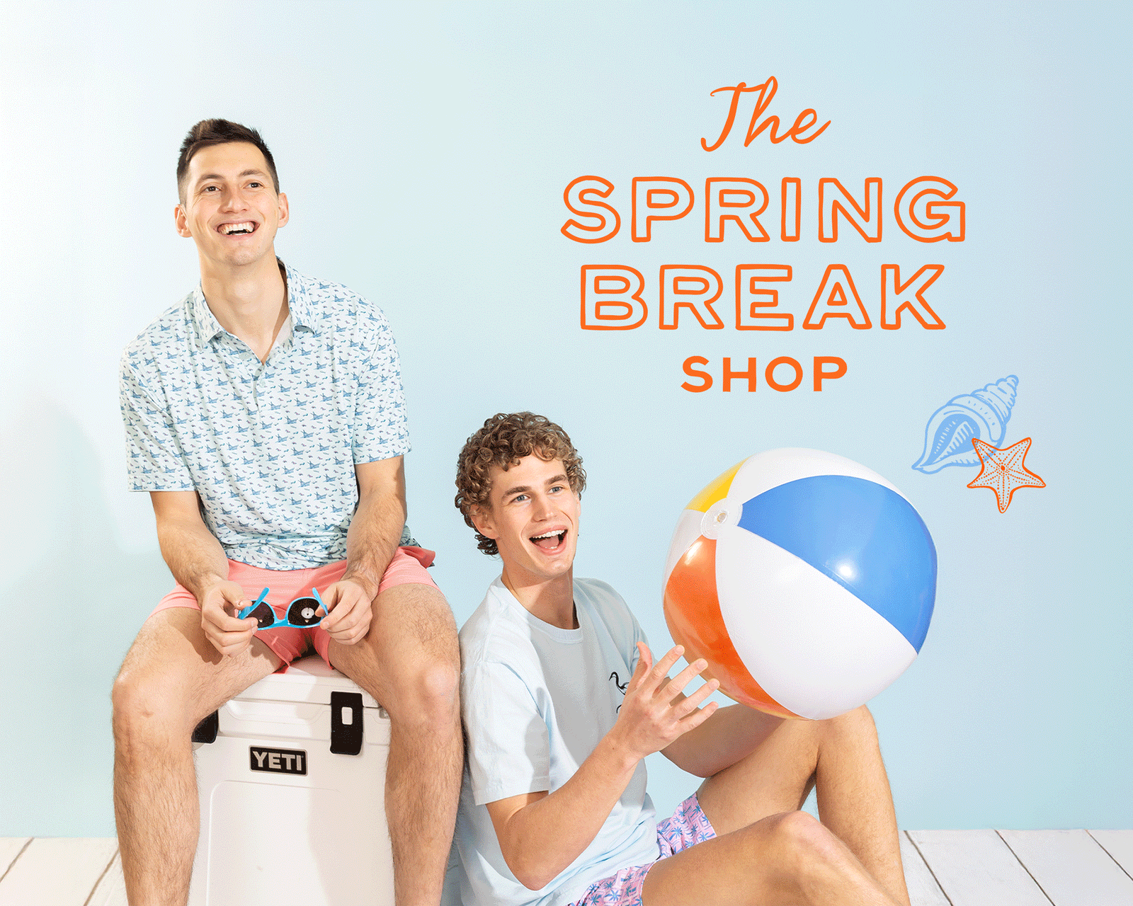 Spring Break Shop hero banner featuring two men in pastel spring outfits sitting on a white YETI cooler, one holding sunglasses and the other holding a colorful beach ball against a light blue background with beach-themed graphics.