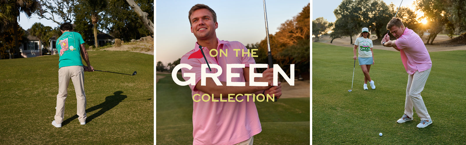 On the Green Collection hero banner showing golfers on a sunny course, including a man swinging a driver in a pink striped polo and khaki pants with a woman golfer standing nearby holding a club, with large “On the Green Collection” text overlay.