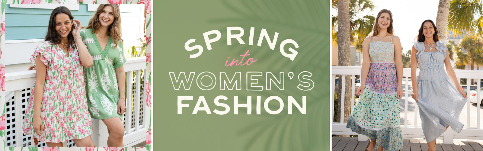 Desktop optimized hero image focusing on women's spring fashion dresses. 