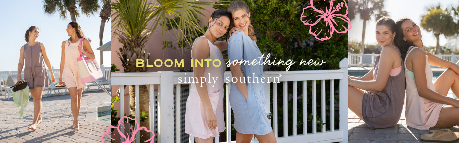 Two women in pastel Simply Southern outfits walking and posing together outdoors by a pool and palm trees, with text “Bloom into something new” indicating a spring collection.