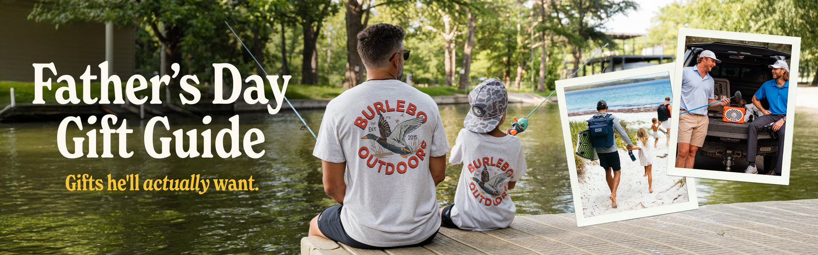 Hero image for website promoting the Father's Day Gift Guide. There are three images representing dads in the Palmetto Moon lifestyle.