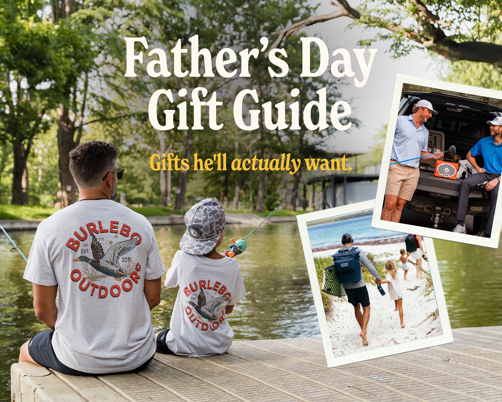 Hero image for website promoting the Father's Day Gift Guide. There are three images representing dads in the Palmetto Moon lifestyle.