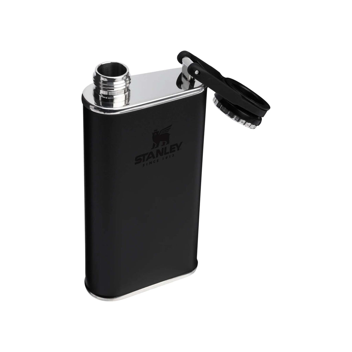 Stanley The Easy Fill Flask in Black with lid open