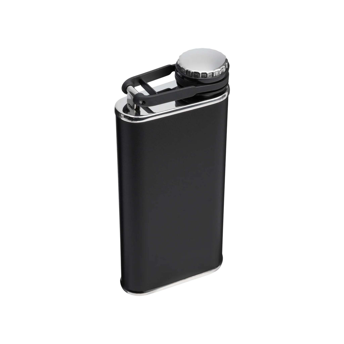 Stanley The Easy Fill Flask in Black with lid closed angled down