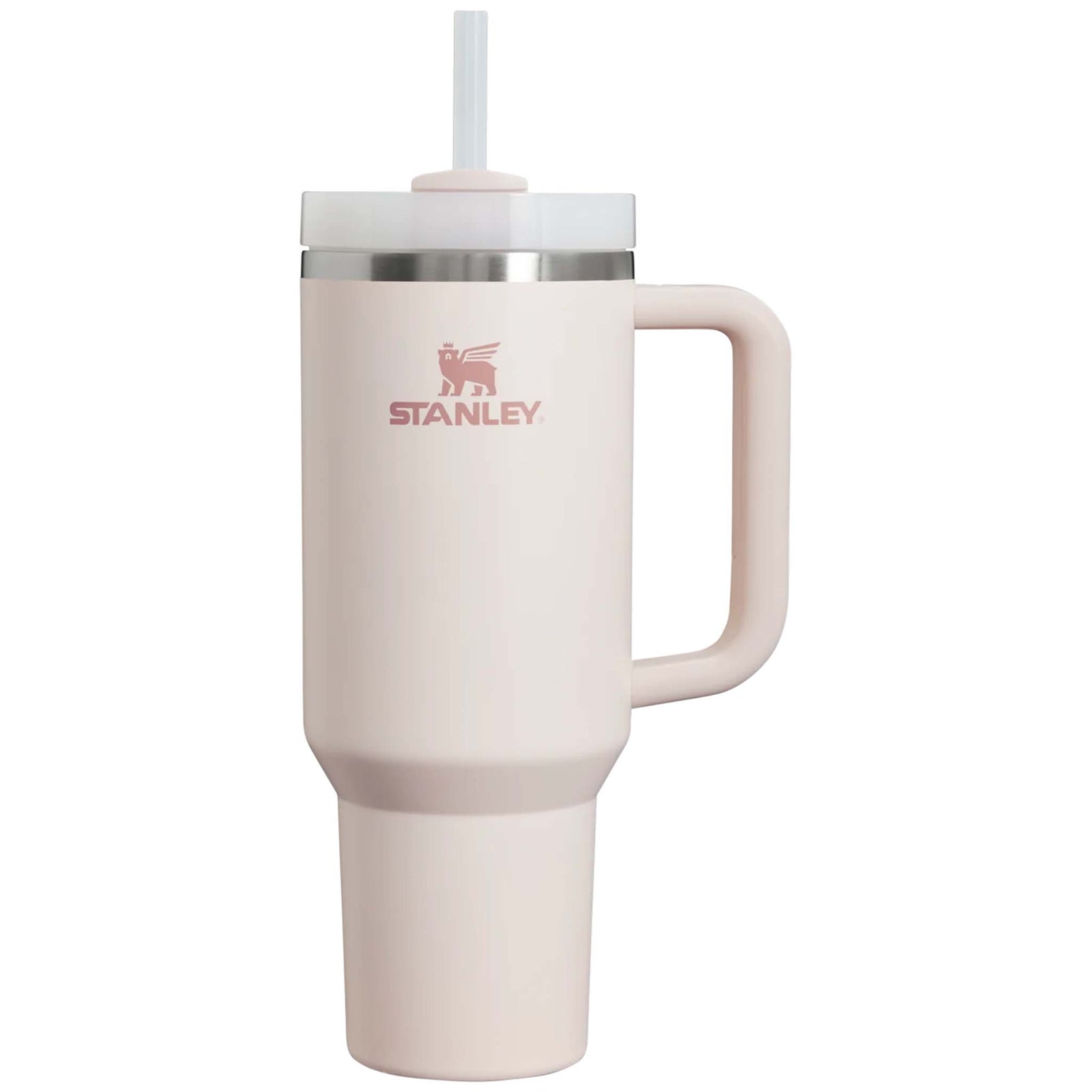 Stanley 40oz Quencher H2.0 FlowState Tumbler in Rose Quartz with handle, lid, and straw. Front view shows Stanley logo and smooth matte finish.