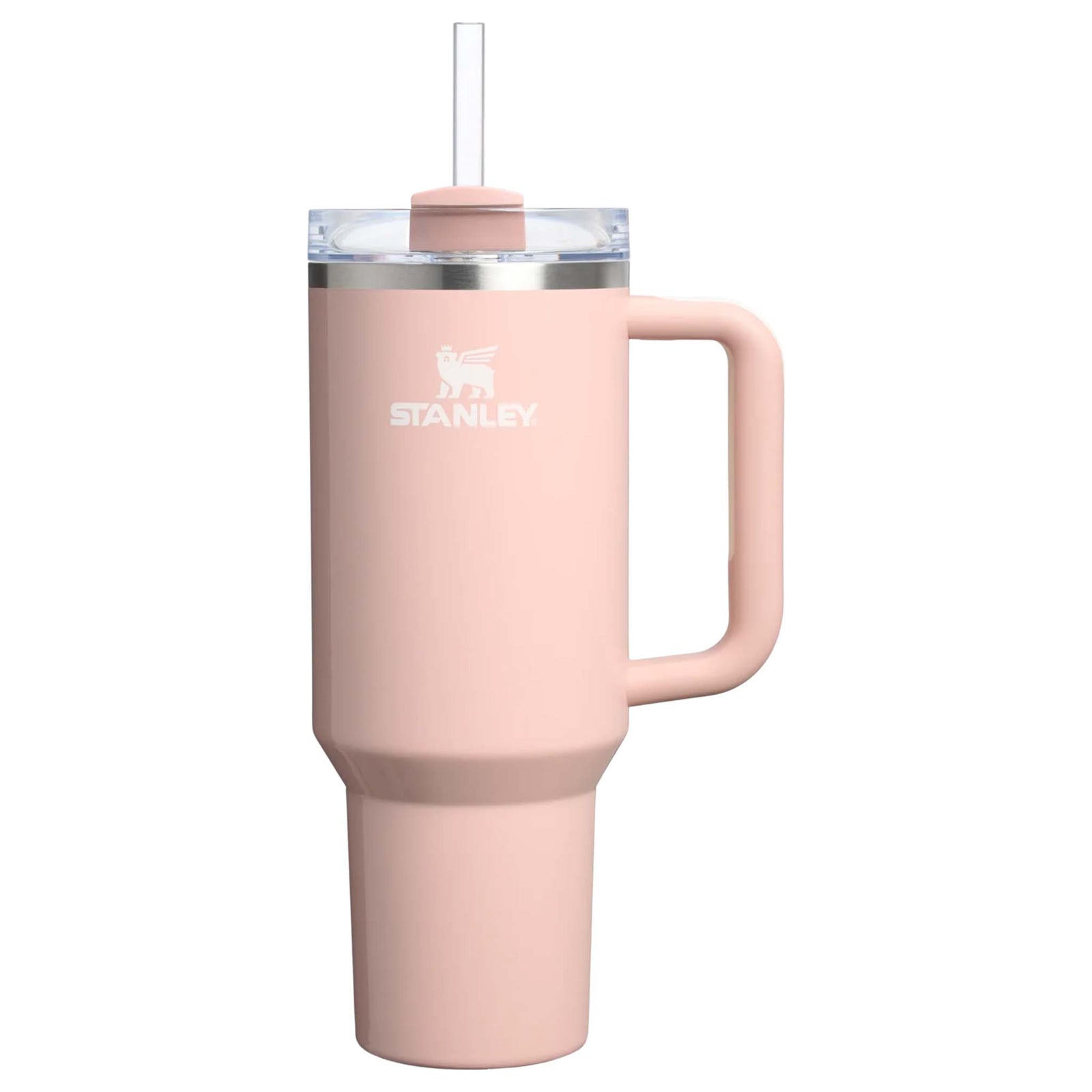 Stanley 40oz tumbler in Peach Whip Gloss, a pastel peach-colored stainless steel tumbler with a sleek, tapered design, a clear lid, and a reusable straw.