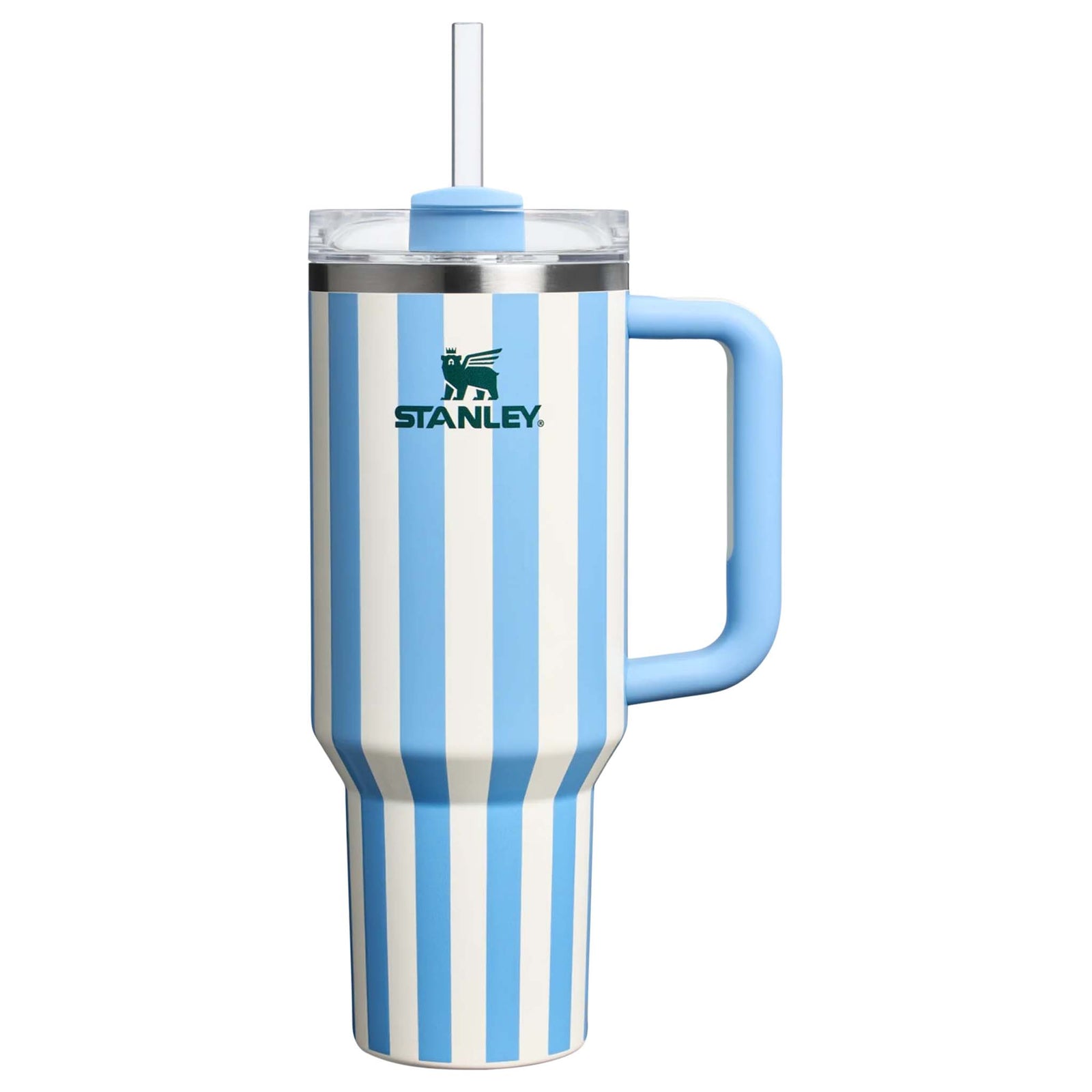 Stanley 40oz handled tumbler in Cornflower Cabana, a pastel blue-colored stainless steel tumbler with a sturdy ergonomic handle, a clear lid, and a reusable straw.