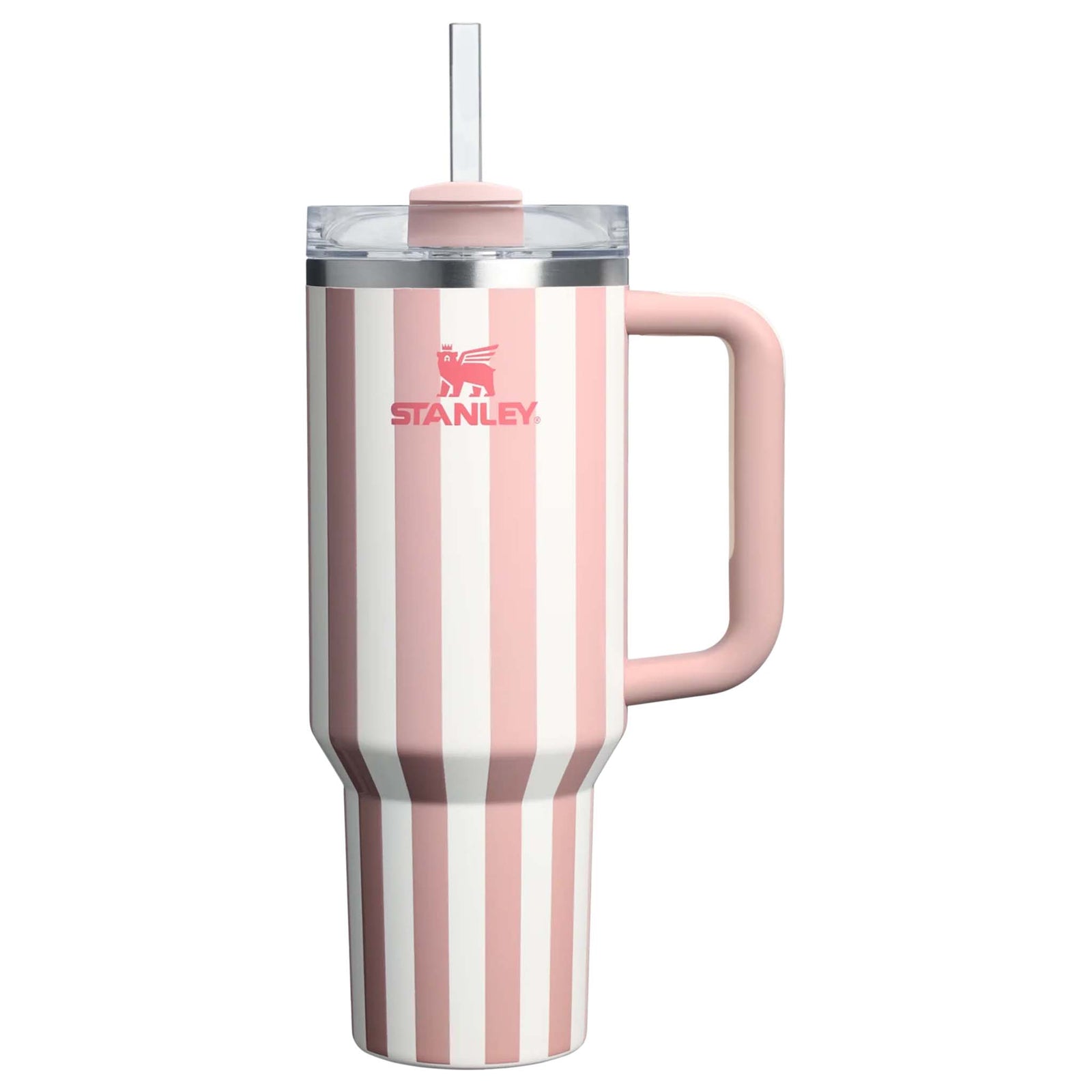 Stanley 40oz handled tumbler in Peach Whip Cabana, a pastel peach-colored stainless steel tumbler with a sturdy ergonomic handle, a clear lid, and a reusable straw.