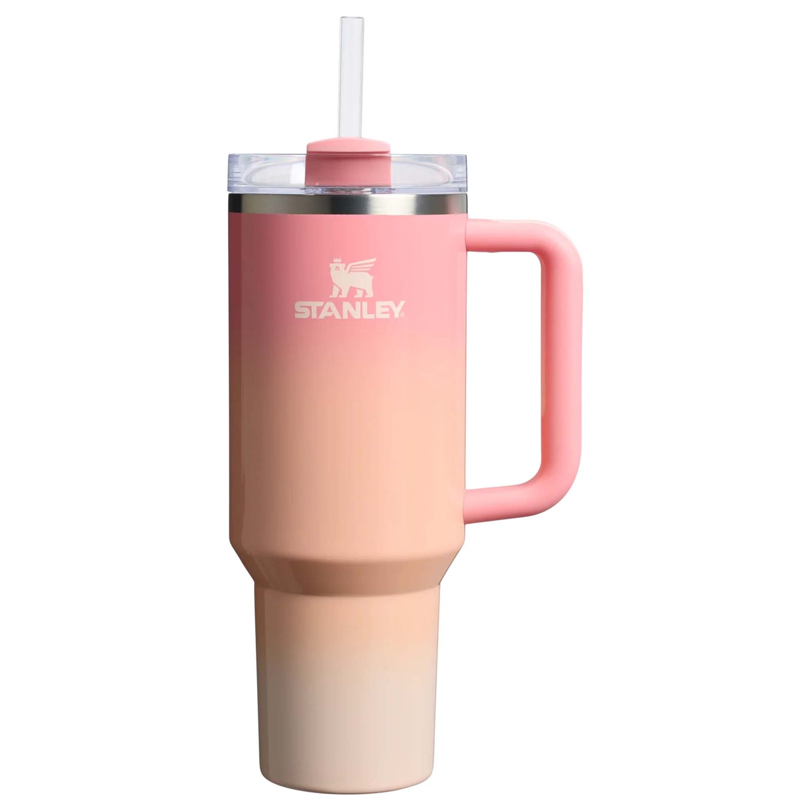 Stanley Quencher H2.0 FlowState Tumbler in Pink Mesa Sunset with ombré design, large side handle, and clear lid with straw, shown upright on a white background.