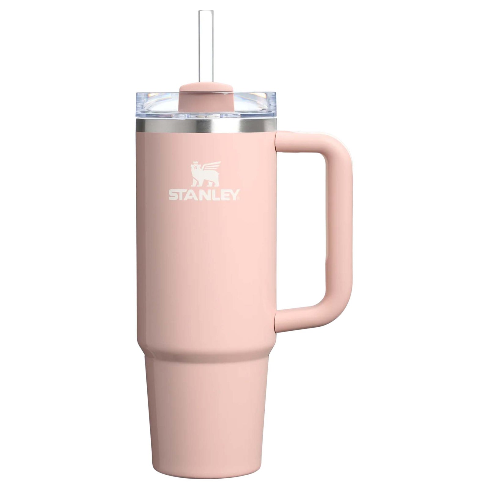 Stanley 30oz tumbler in Peach Whip Gloss, a stainless steel tumbler in a glossy soft blue finish, featuring a sturdy ergonomic handle, a clear lid, and a reusable straw.