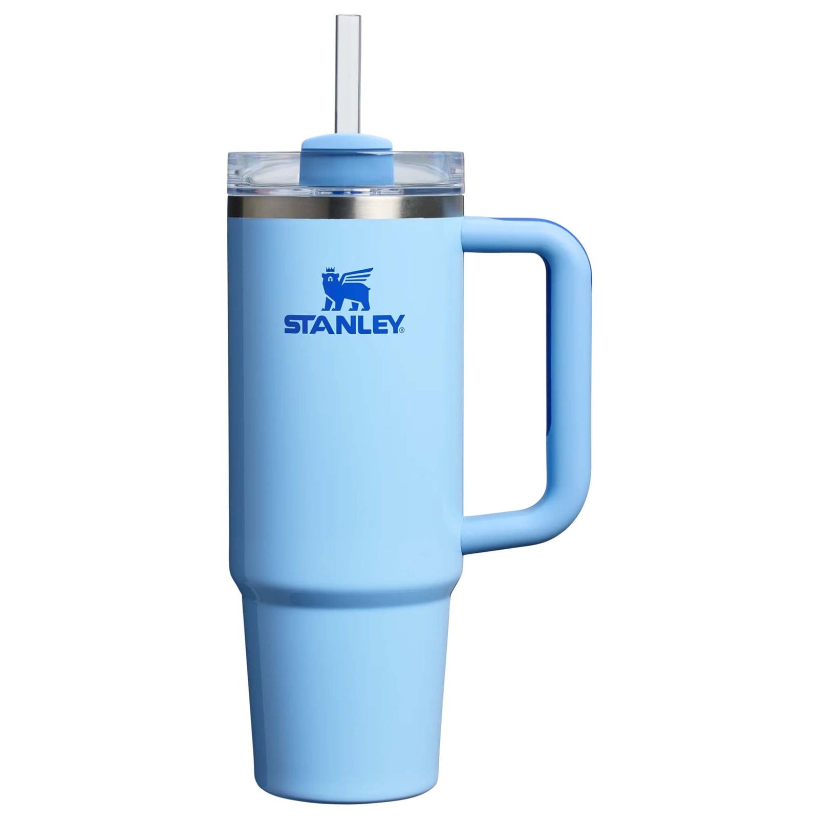 Stanley 30oz tumbler in Cornflower Blue Gloss, a stainless steel tumbler in a glossy soft blue finish, featuring a sturdy ergonomic handle, a clear lid, and a reusable straw.