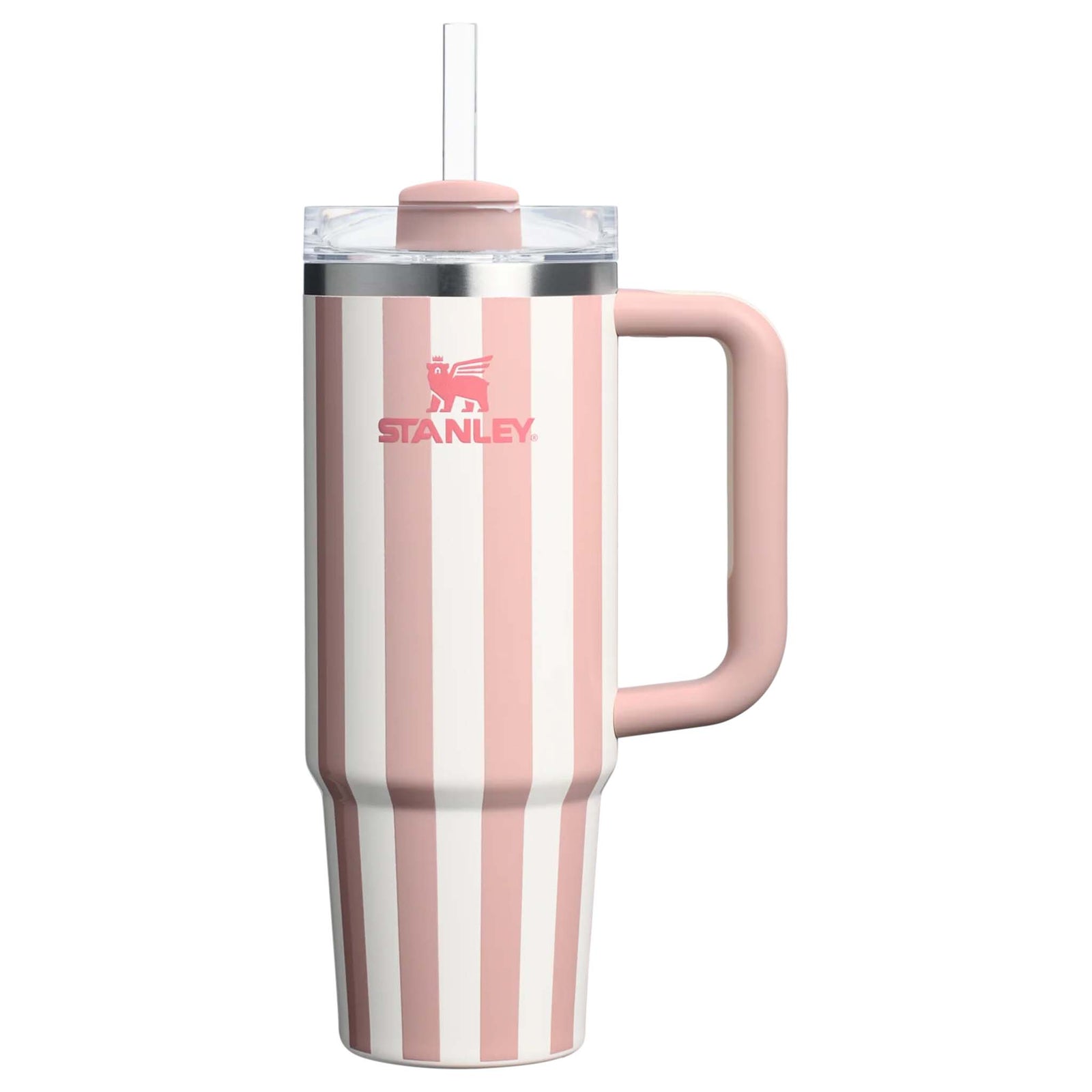Stanley 30oz handled tumbler in Peach Whip Cabana, a pastel peach-colored stainless steel tumbler featuring a sturdy ergonomic handle, a clear lid, and a reusable straw.