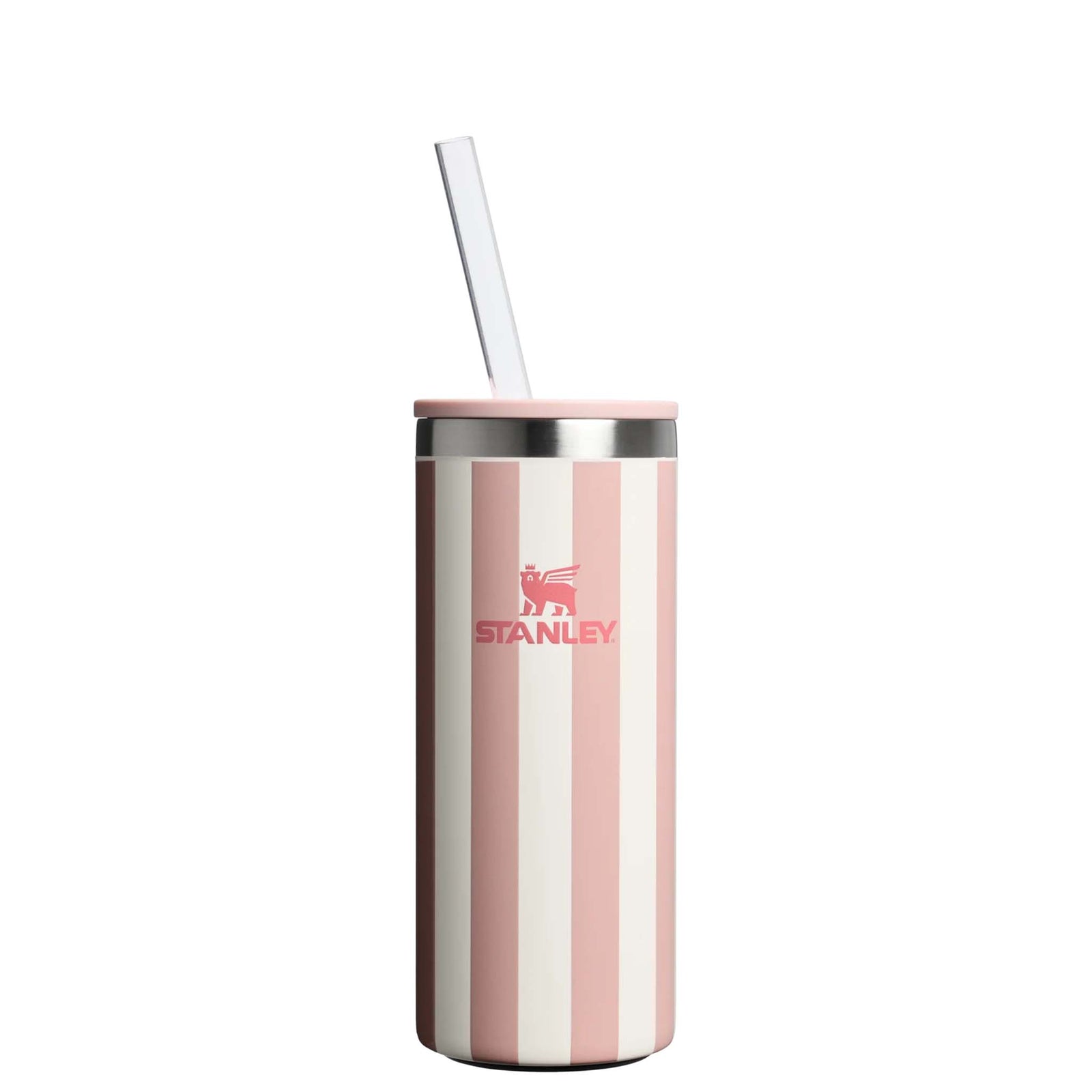 Stanley Slim Can Cooler cup in Peach Whip Cabana with vertical pink and cream stripes, clear straw inserted on a white background.