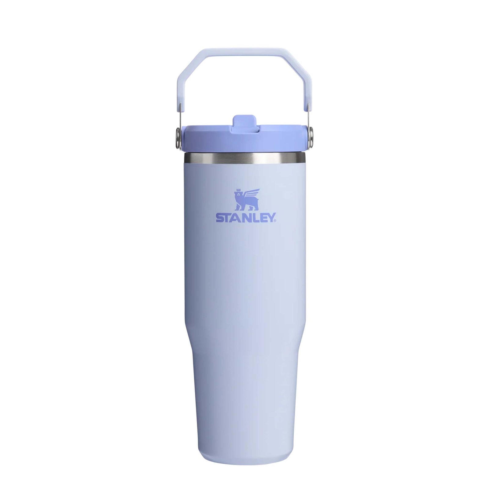 Stanley Dewdrop Quencher H2.0 FlowState Tumbler in dew drop with lavender lid, handle, and logo.