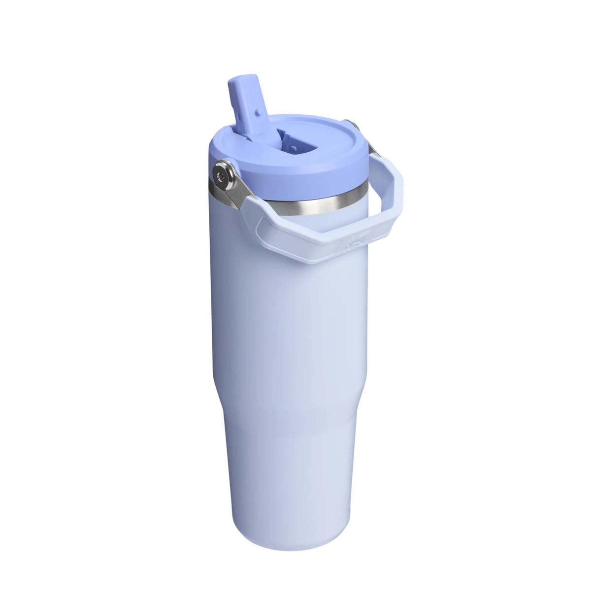 Side view of Stanley Dewdrop Quencher tumbler showing lavender handle and flip straw lid.