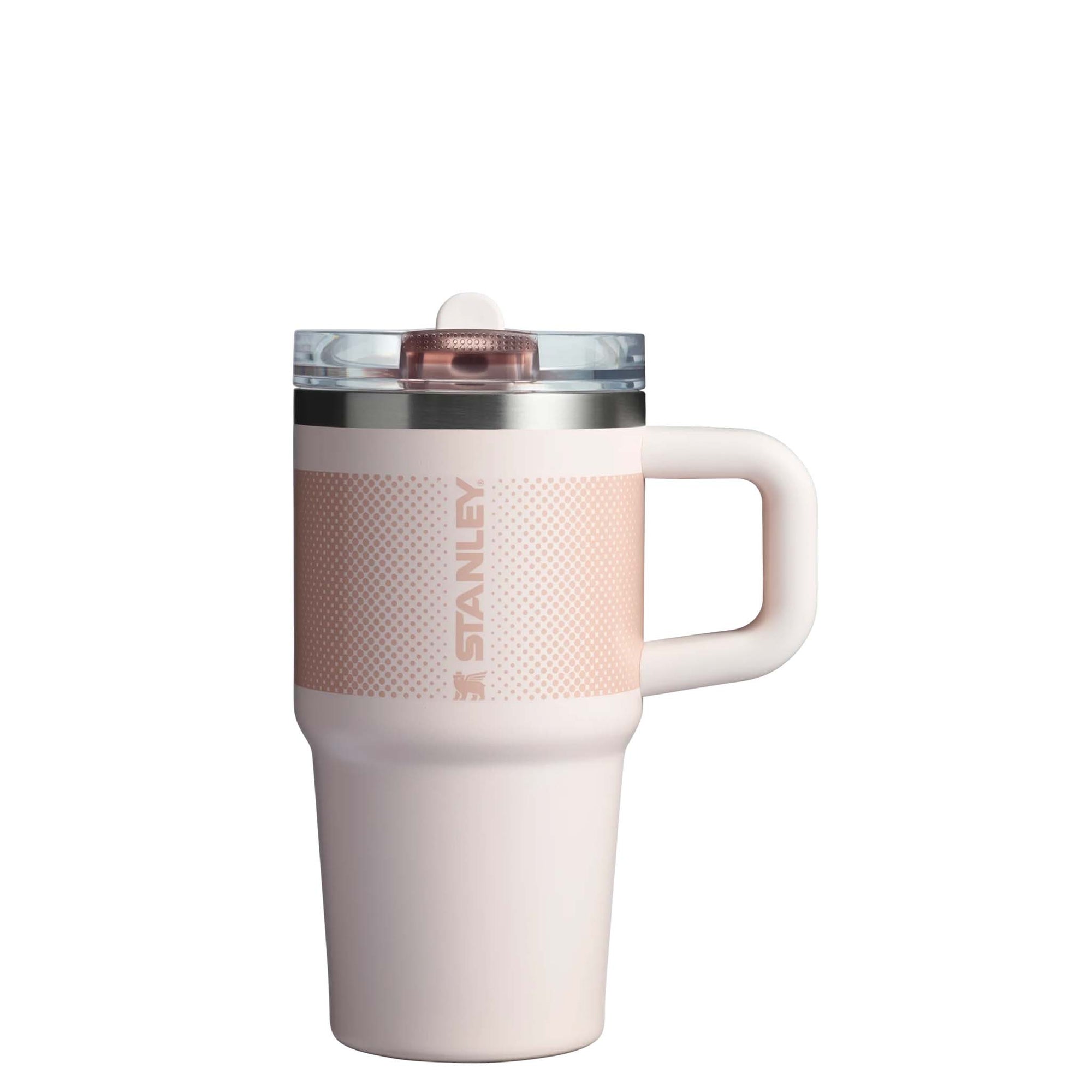 Side view of the Stanley Quencher H2.0 FlowState Tumbler in Rose Quartz Fade with handle and lid closed.