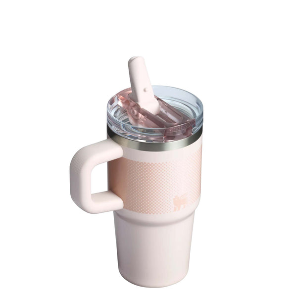 Angled top view of Stanley Quencher in Rose Quartz Fade with lid open and white straw flipped up.