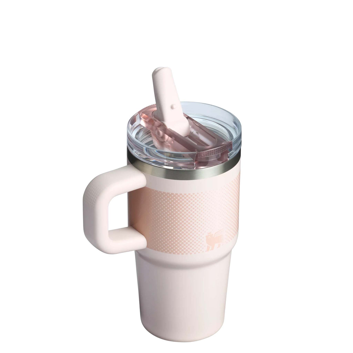 Angled top view of Stanley Quencher in Rose Quartz Fade with lid open and white straw flipped up.