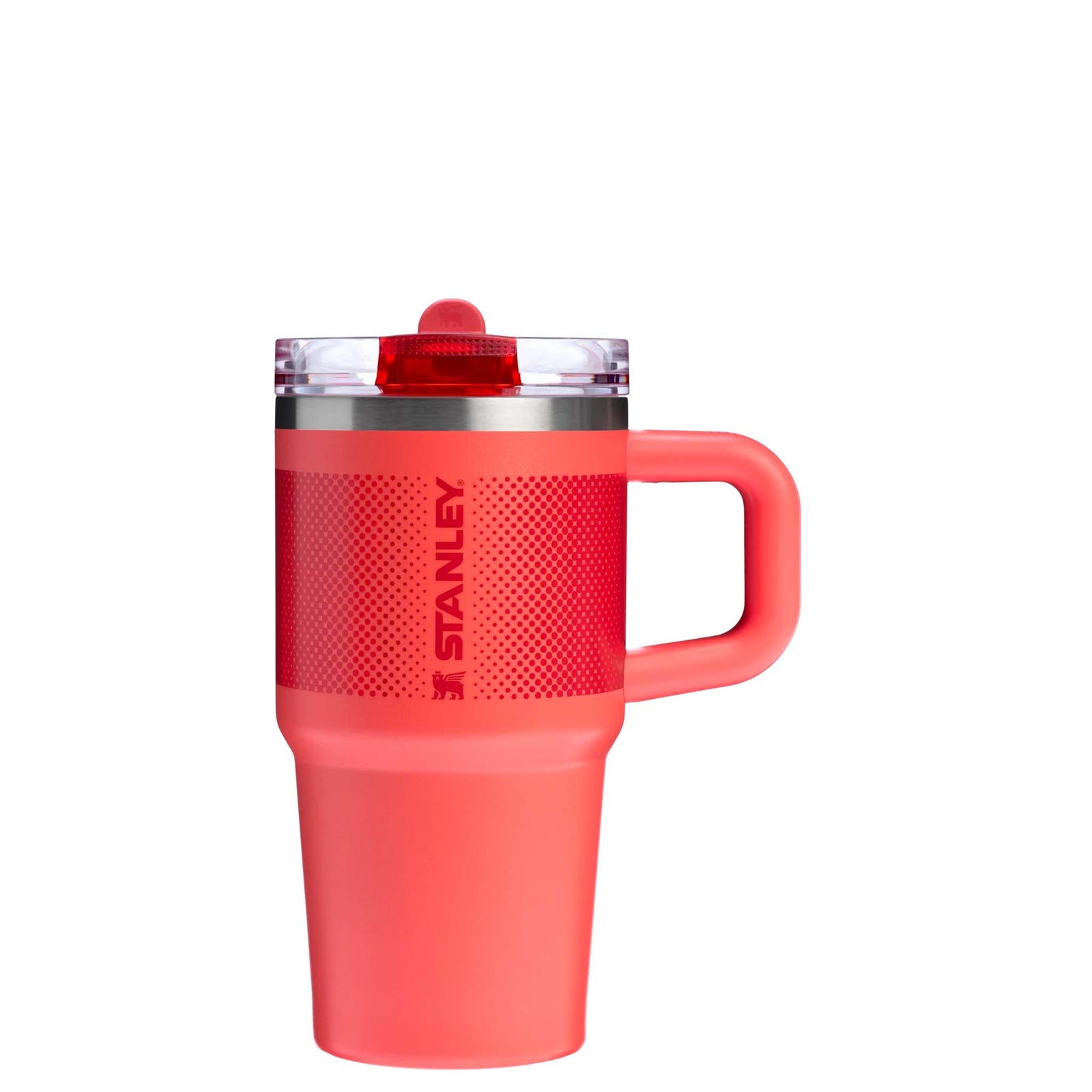 Side view of the Stanley Quencher H2.0 FlowState Tumbler in Hot Coral with handle and lid closed.