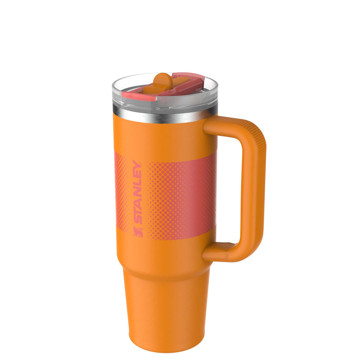 Stanley Goldenrod Fade Quencher H2.0 FlowState Tumbler in orange with pink fade grip band and clear lid with red straw.