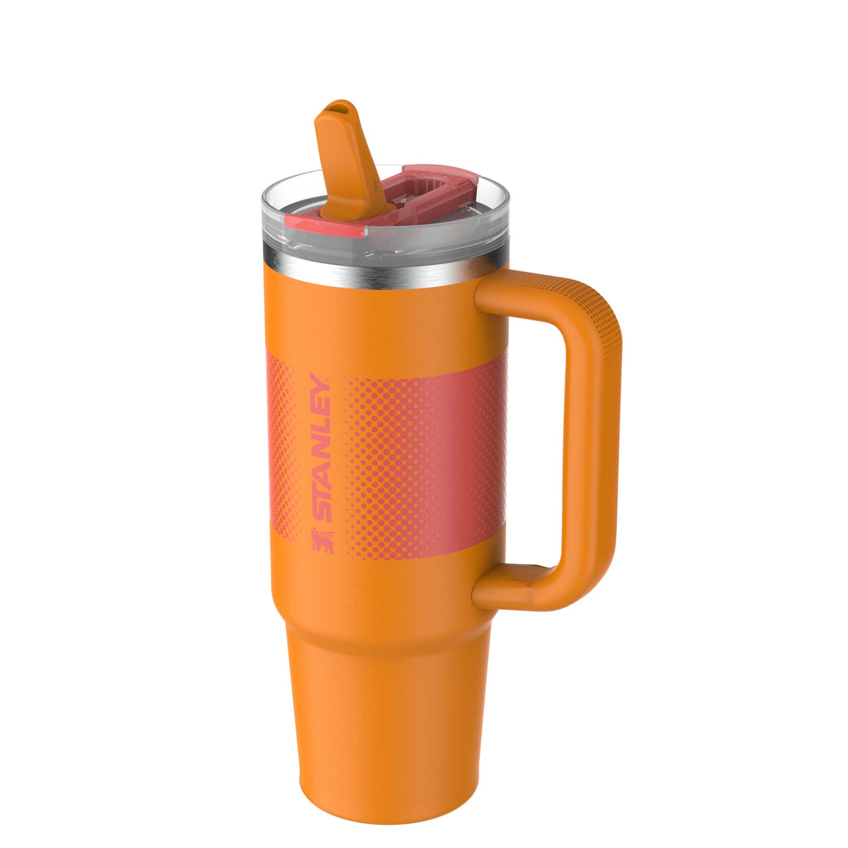 Side view of Stanley Goldenrod Fade Quencher tumbler with orange handle, pink fade band, and raised red straw in clear lid.