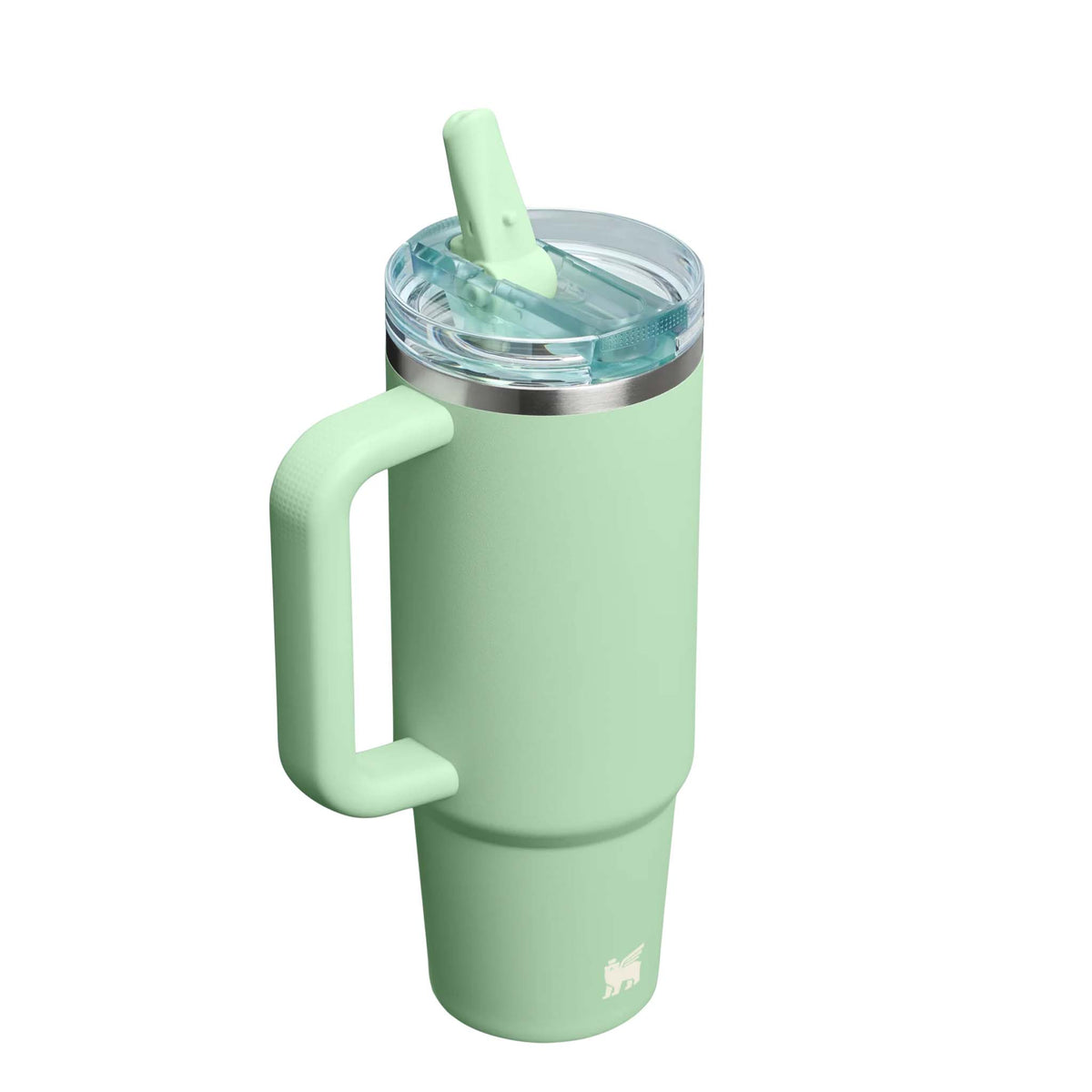 Angled view of Stanley Quencher H2.0 FlowState Tumbler in Pistachio with handle and raised flip straw.