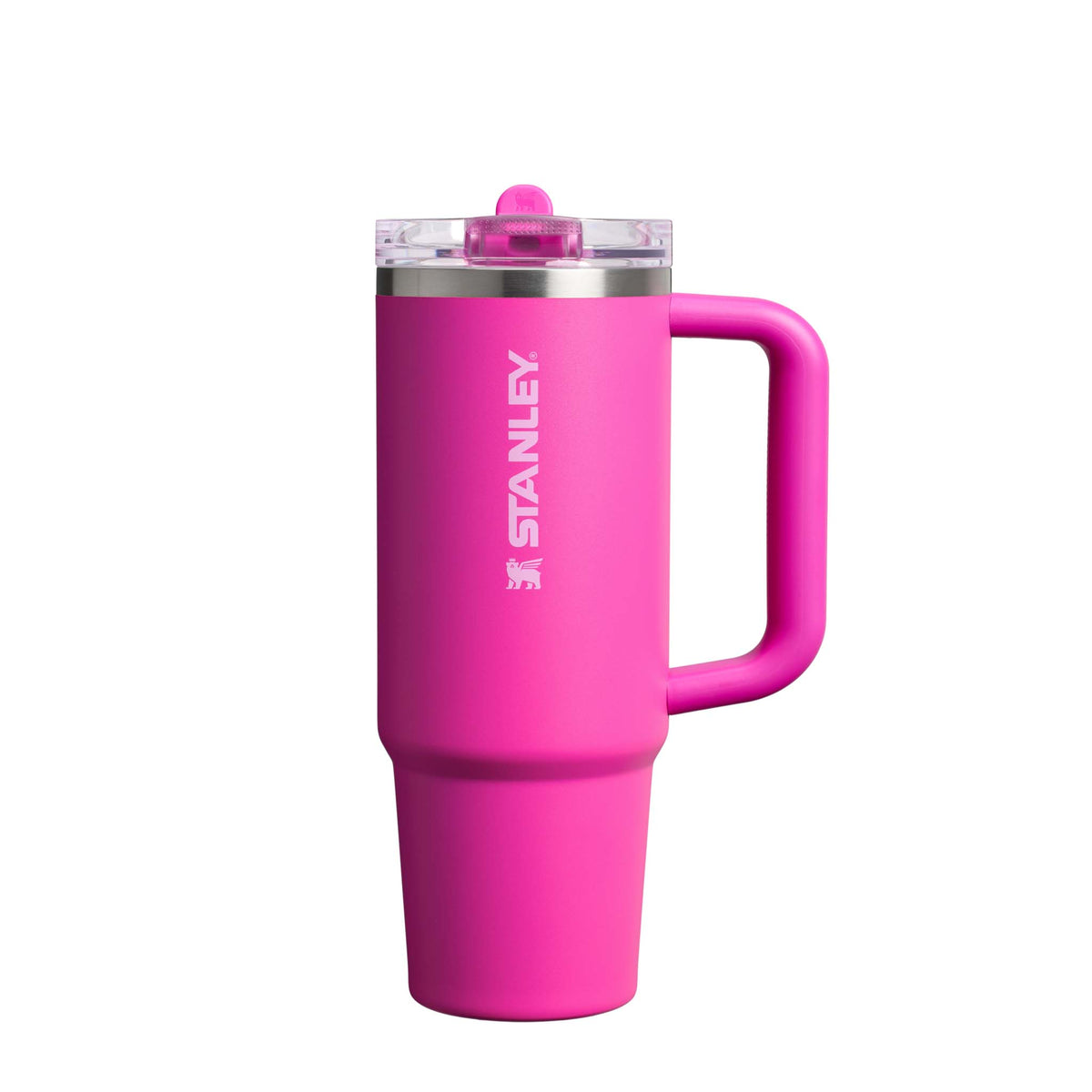 Stanley Quencher H2.0 FlowState Tumbler in Violet Blossom pink with handle and closed lid.