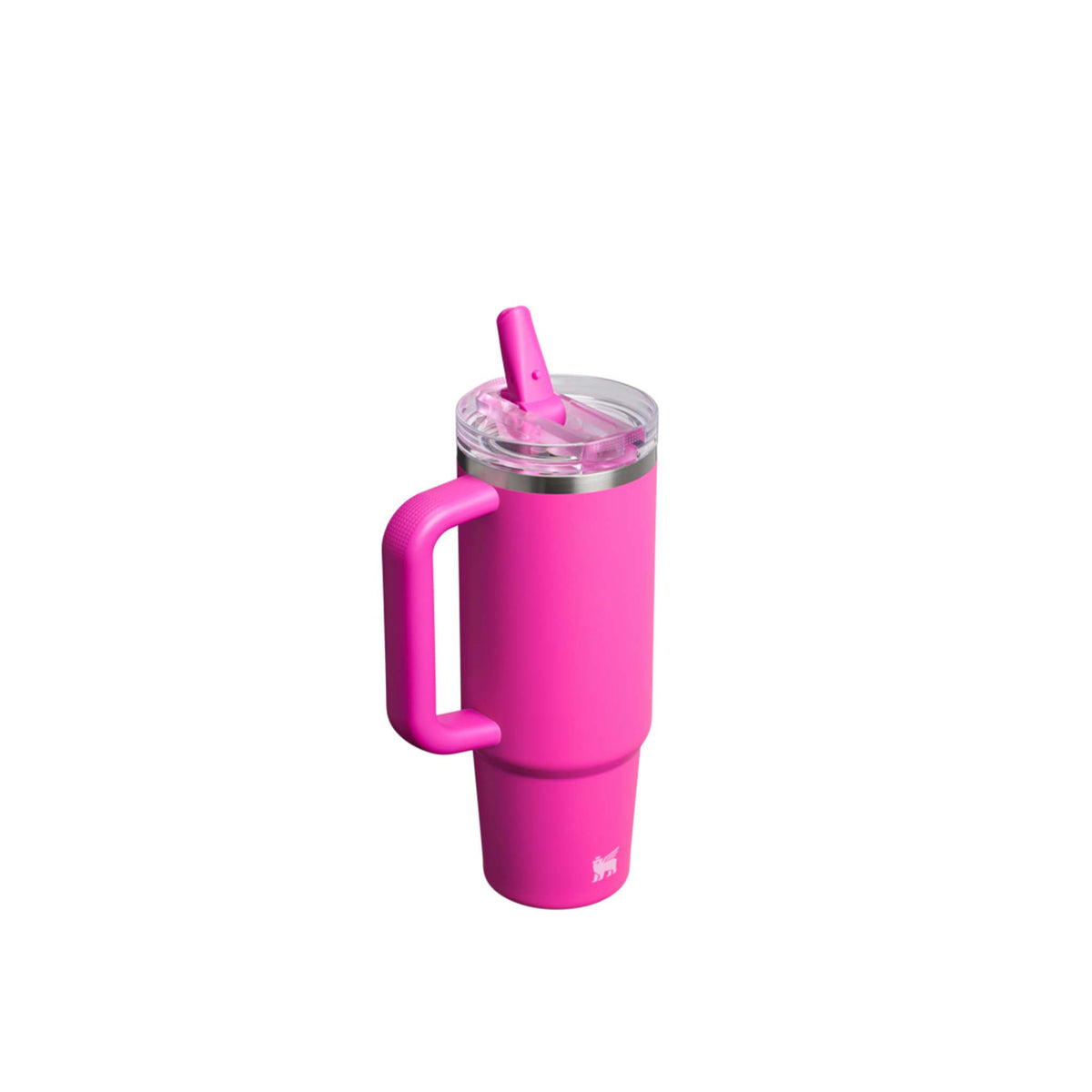 Stanley Quencher H2.0 FlowState Tumbler in Violet Blossom pink with straw extended.