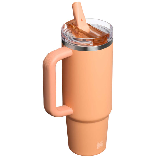 Stanley Pro Tour Leakproof 30oz Tumbler in Apricot, a warm orange stainless steel tumbler with a sleek, tapered design, a leakproof flip-top lid, and a durable ergonomic grip.