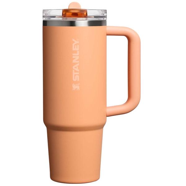 Stanley Pro Tour Leakproof 30oz Tumbler in Apricot, a warm orange stainless steel tumbler with a sleek, tapered design, a leakproof flip-top lid, and a durable ergonomic grip.