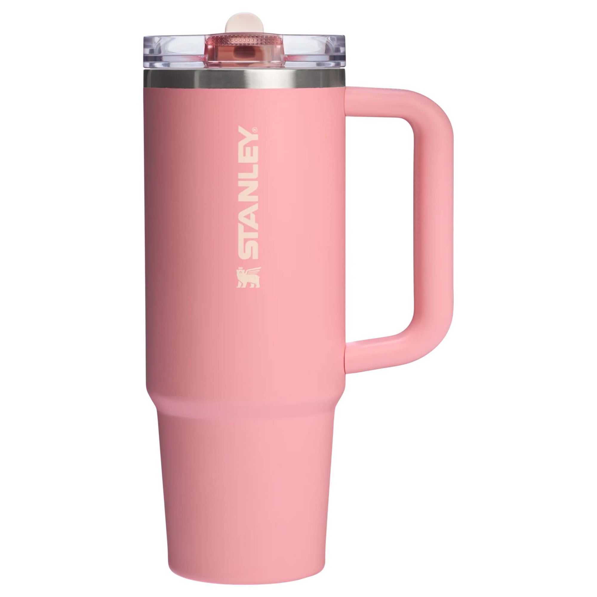 Pink Mesa Stanley 30oz Quencher Protour Flip Straw Tumbler shown upright, side handle, and clear lid with flip straw on a white background.