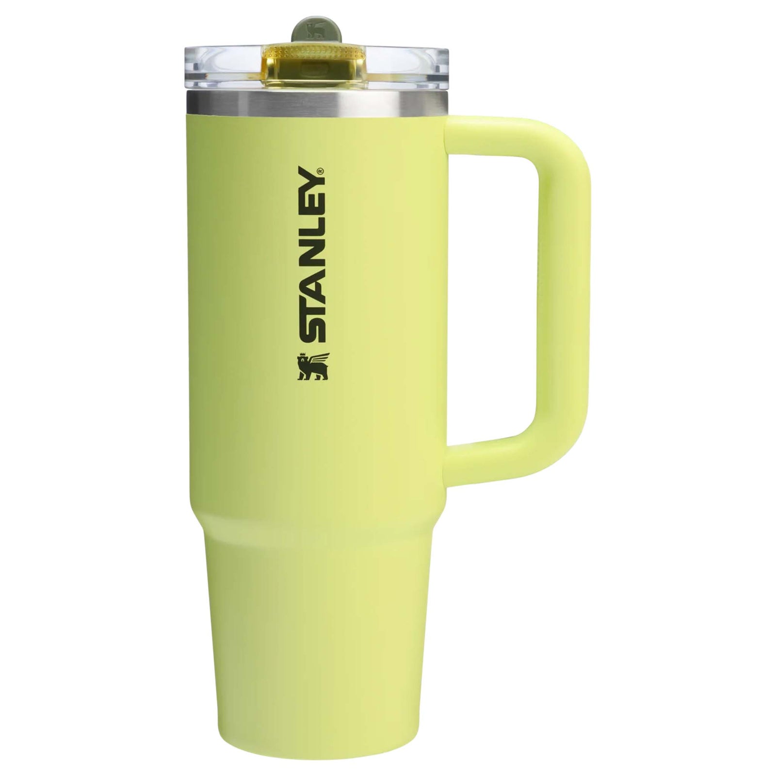 Prickly Pear Stanley 30oz Quencher Protour Flip Straw Tumbler shown upright with solid pale green finish, side handle, and clear lid with flip straw on a white background.