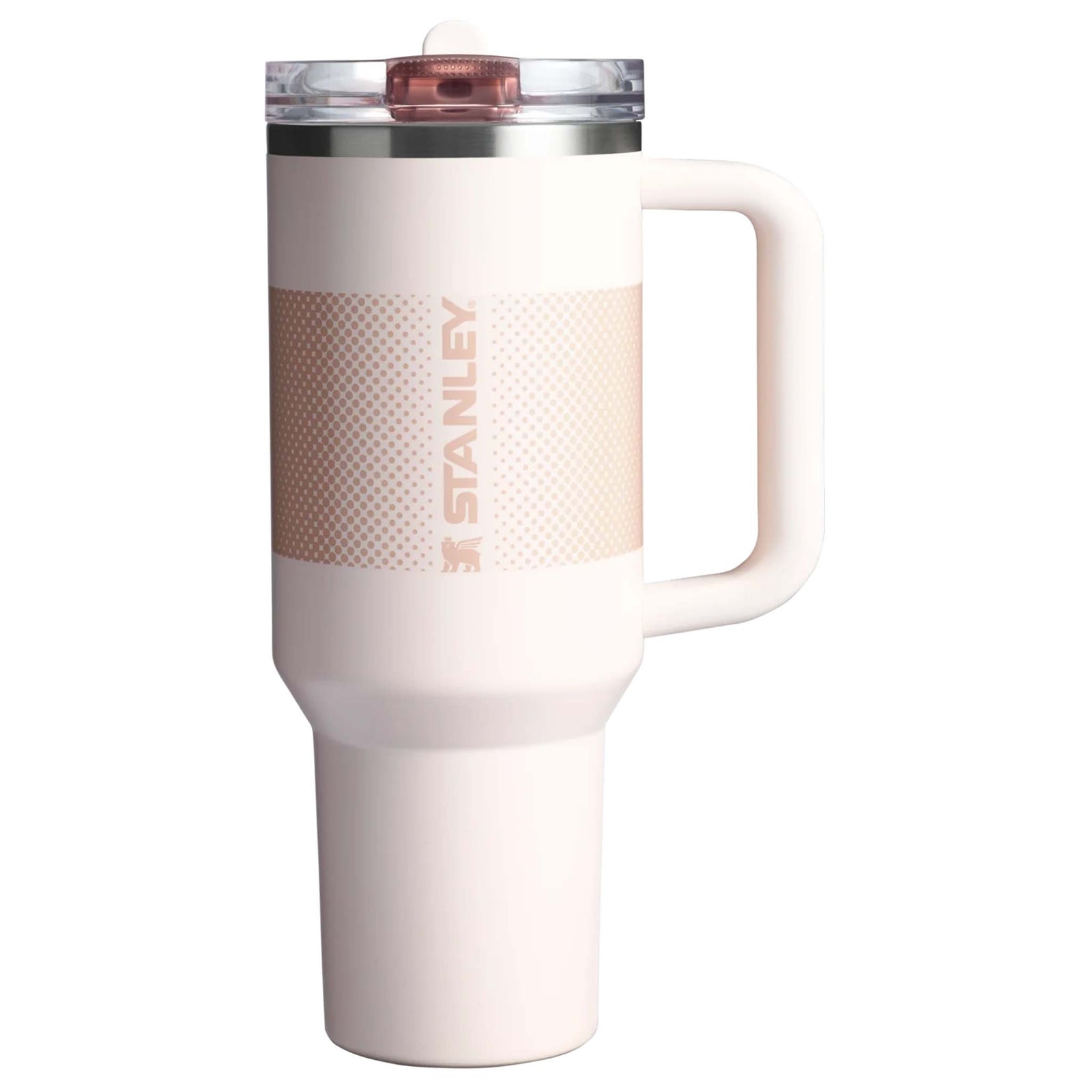 Side view of the Stanley Quencher H2.0 FlowState Tumbler in Rose Quartz Fade with a tall base, large handle, and closed lid.
