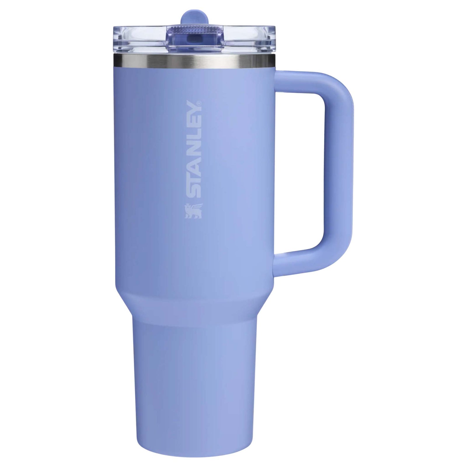 Side view of the Stanley Quencher H2.0 FlowState Tumbler in Hydrangea with a tall base, large handle, and closed lid.