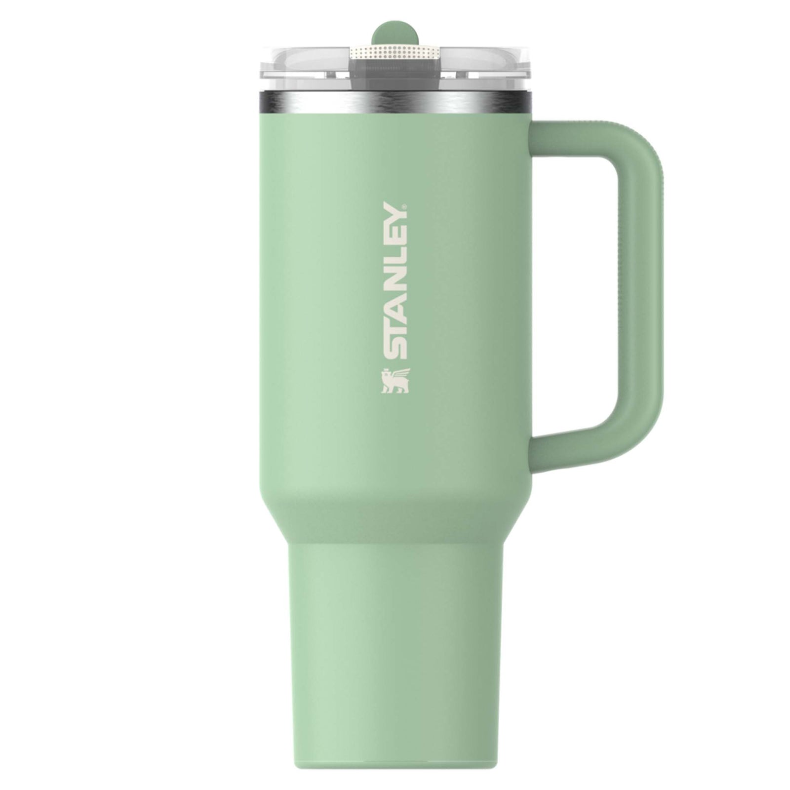 Side view of the Stanley Quencher H2.0 FlowState Tumbler in Pistachio with a tall base, large handle, and closed lid.