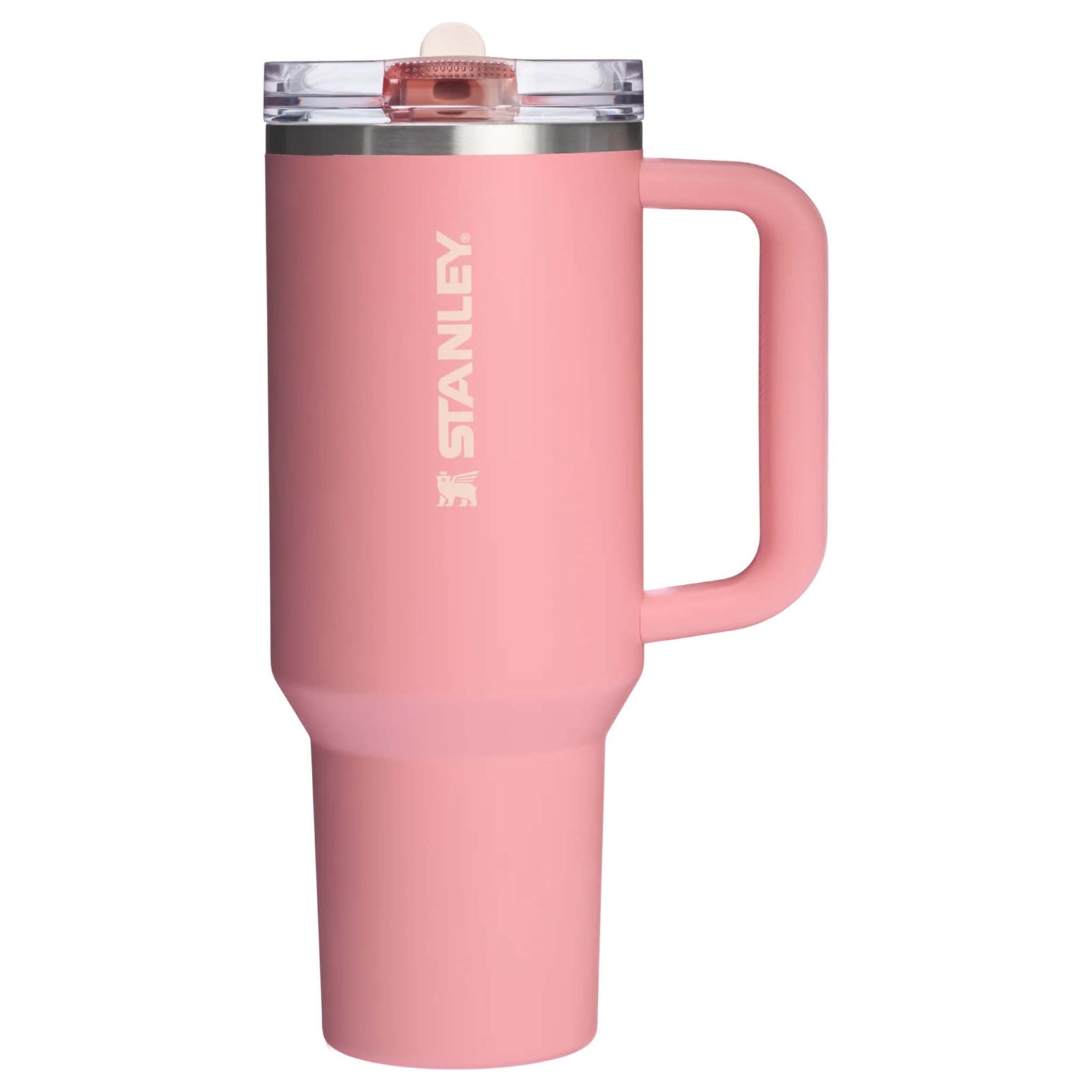 Pink Mesa Stanley 40oz Quencher Protour Flip Straw Tumbler shown upright with solid Pink Mesa finish, vertical logo, and clear lid with flip straw.