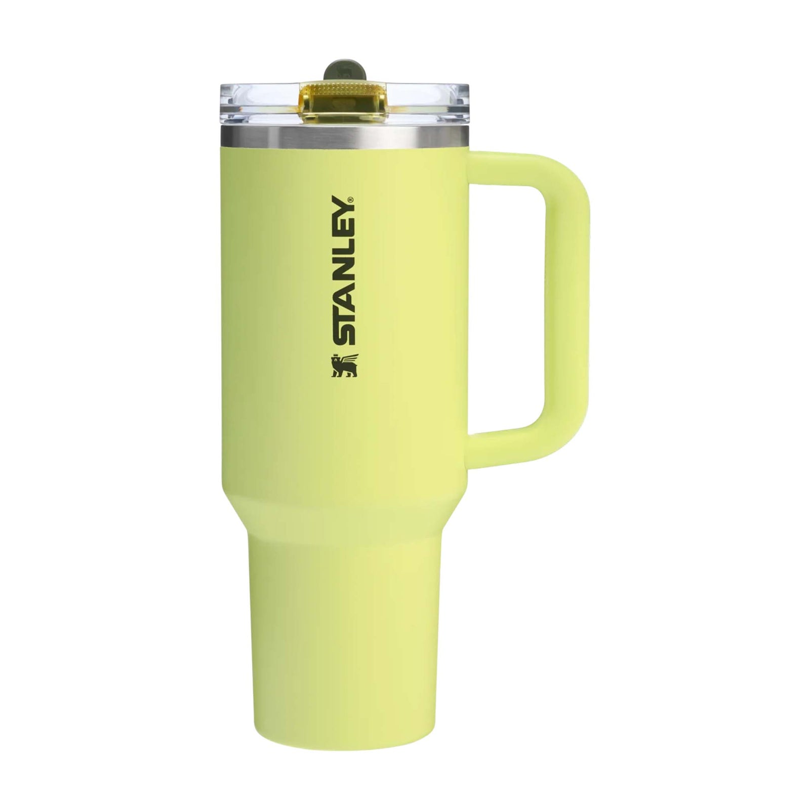 Prickly Pear Stanley 40oz Quencher Protour Flip Straw Tumbler shown upright with solid yellow-green finish, vertical logo, and clear lid with flip straw.