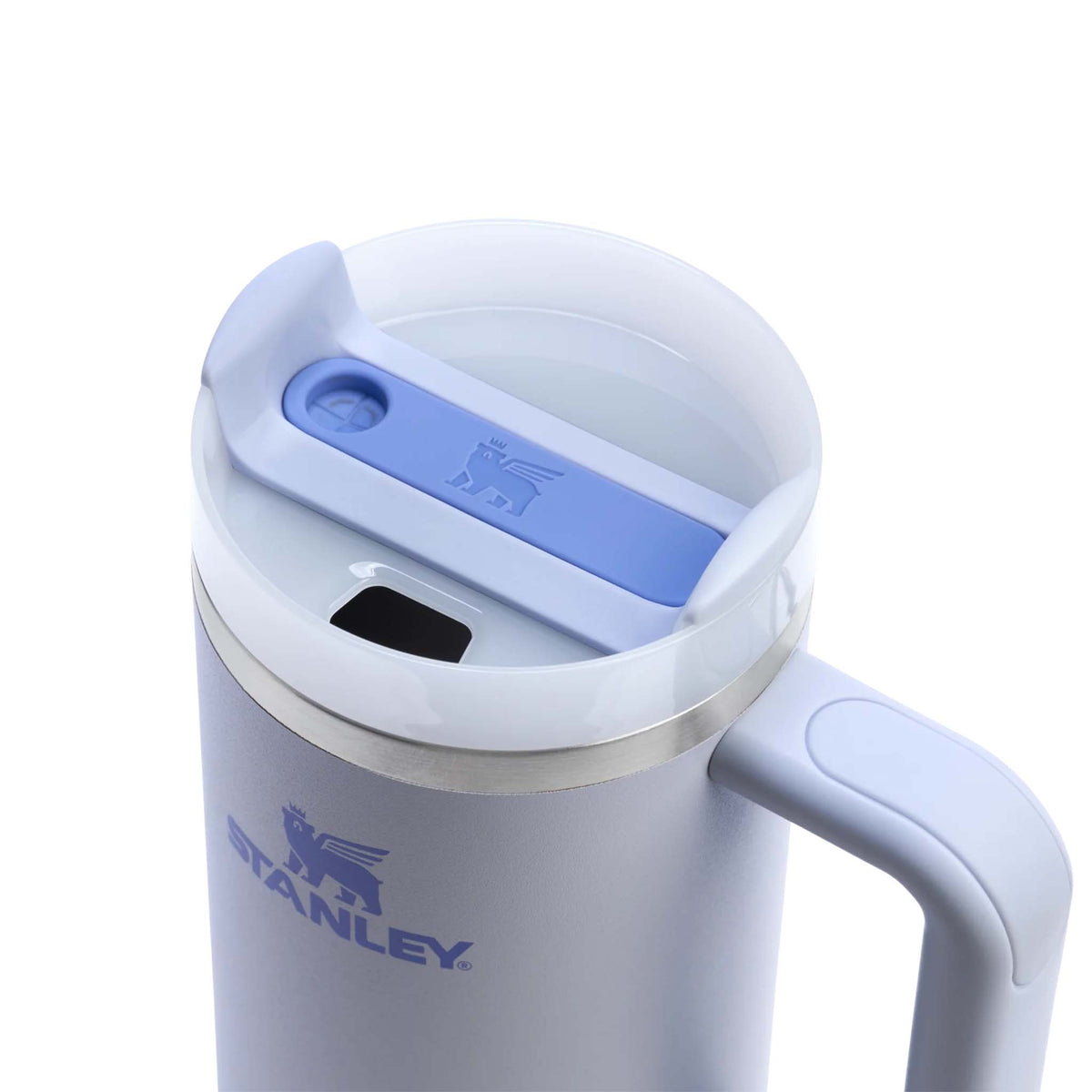 Stanley Quencher H2.0 FlowState Tumbler in Dewdrop blue with close-up of lid and rotating cover.