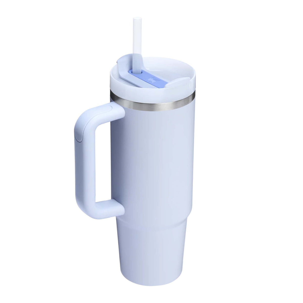 Stanley Quencher H2.0 FlowState Tumbler in Dewdrop blue angled view with handle and straw.