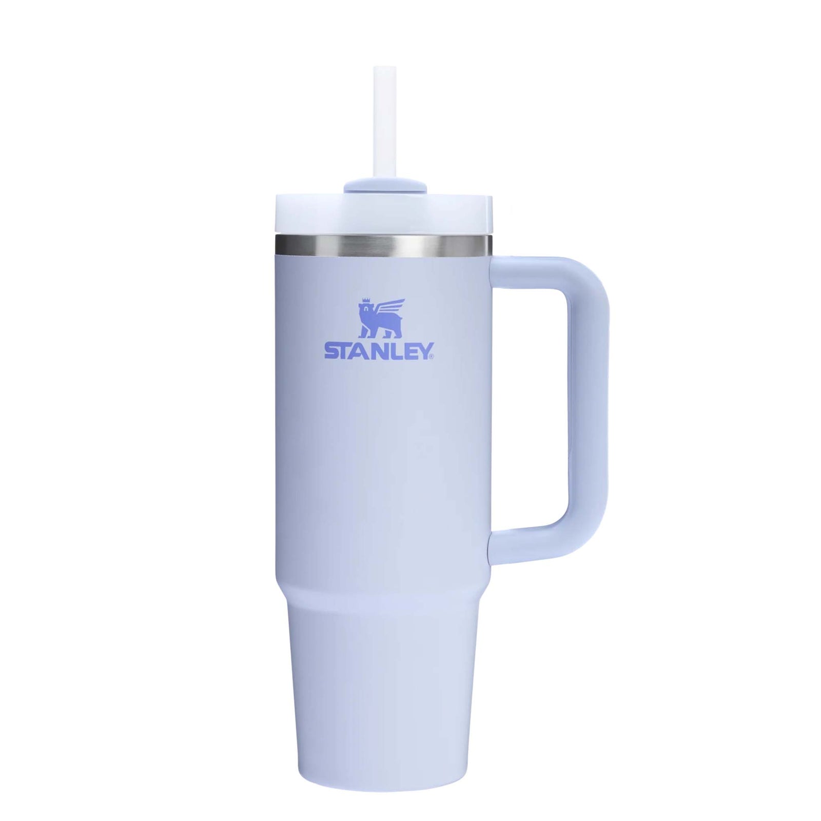 Stanley Quencher H2.0 FlowState Tumbler in Dewdrop blue shown upright with straw inserted.