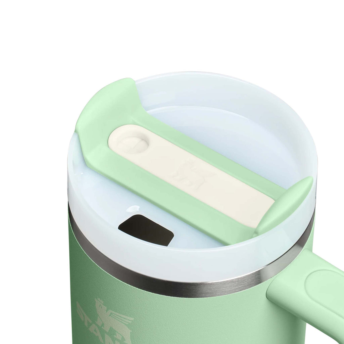 Stanley Pistachio Quencher H2.0 FlowState Tumbler top view with mint green and cream lid design.