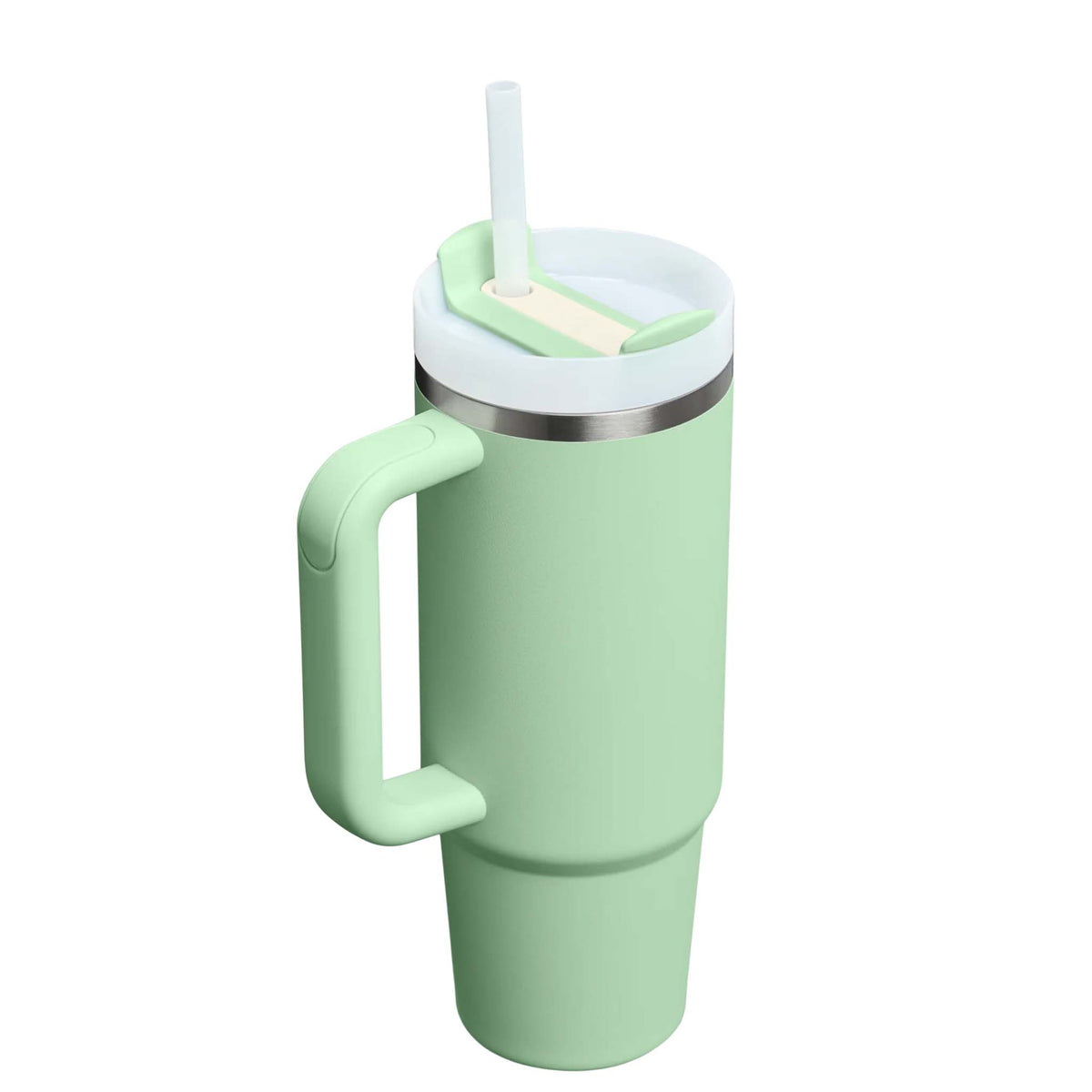 Stanley Pistachio Quencher H2.0 FlowState Tumbler angled view showing handle, lid, and straw.