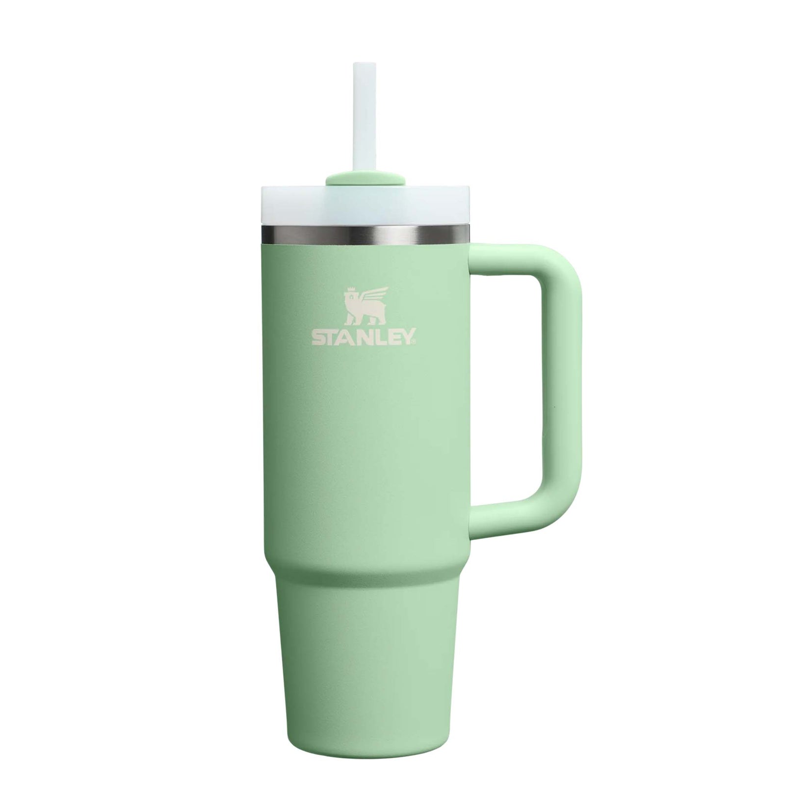 Stanley Pistachio Quencher H2.0 FlowState Tumbler with handle and straw, shown in full upright view.