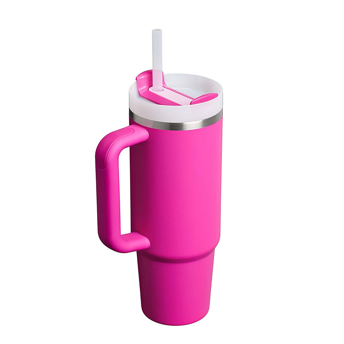 Angled view of Stanley Quencher H2.0 FlowState Tumbler in Violet Blossom with handle and straw.