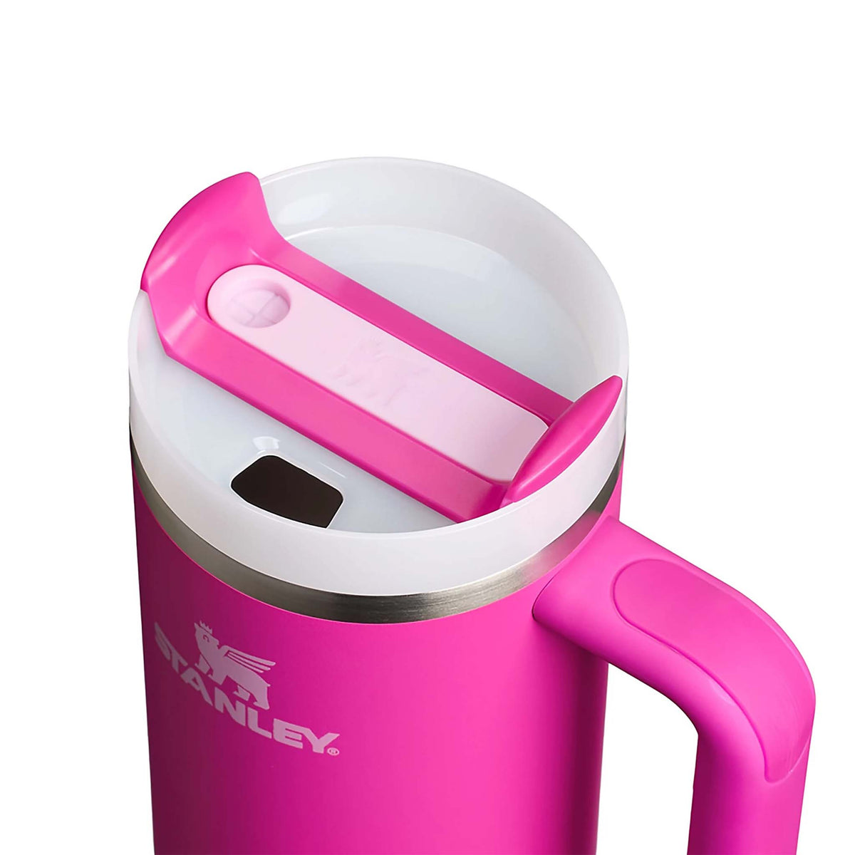 Top view of Stanley Quencher H2.0 FlowState Tumbler in Violet Blossom showing rotating lid with straw opening.